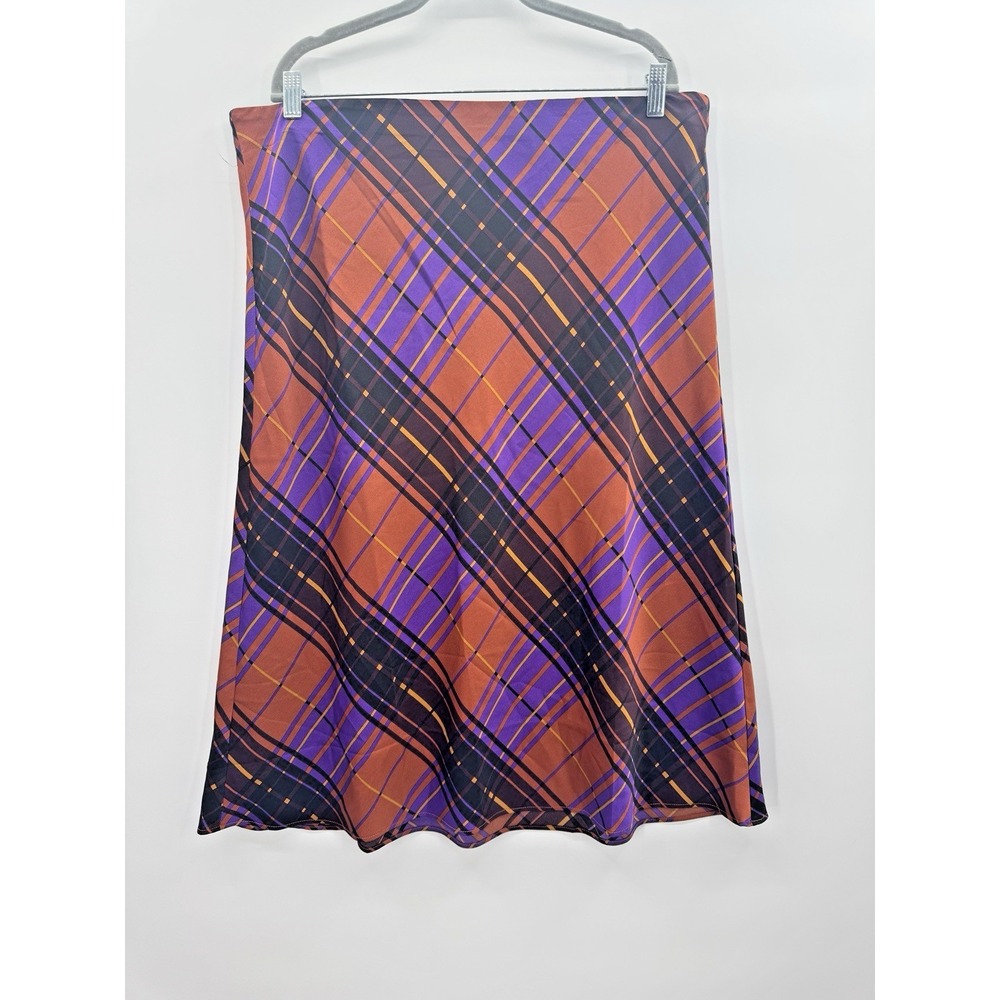 Whimsigoth Plaid Bias Cut Midi Skirt Satin Womens XL Purple Rust Twee Academia - Picture 2 of 8